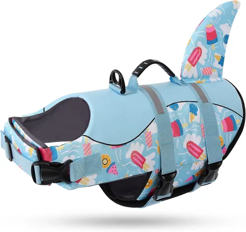 Vista 11 de Queenmore Chaleco Salvavidas para Perros Tiburón, Chaleco de Natación de Alta Flotabilidad, Chalecos Salvavidas para Perros Ajustables y Fáciles