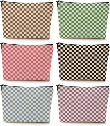 Vista 10 de Bolsa de maquillaje a cuadros retro colorida para mujeres, hermana, amiga, Navidad, cumpleaños, Cuadros 1250