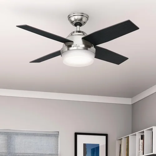 Vista 4 de Hunter Dempsey, ventilador de techo, moderno, silencioso, 44 pulgadas, níquel cepillado con luz LED y control remoto, montaje estándar, 4