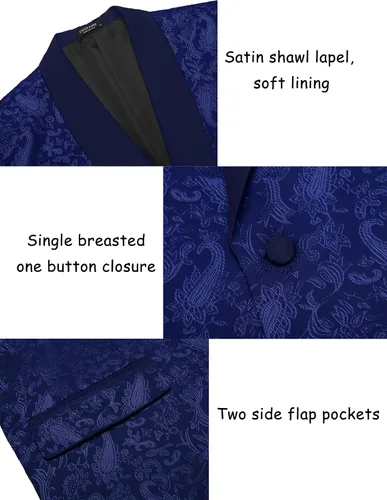 Vista 4 de COOFANDY Chaqueta de esmoquin floral para hombre, chal de cachemira, solapa elegante, chaqueta para boda, cena, fiesta, baile de graduación
