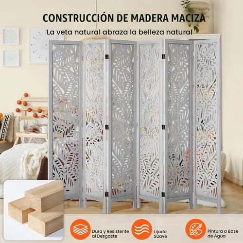 Vista 5 de VEVOR Divisor de habitación de madera, pantalla de privacidad plegable de madera de 6 paneles, divisor de partición tallado para interiores de 66.9