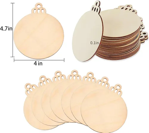 Vista 2 de pojah 60 piezas de rebanadas de madera, adornos de Navidad de madera de 4 pulgadas, círculos de madera preperforados sin terminar para centros