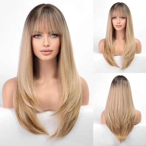 Vista 6 de HAIRCUBE Pelucas largas rubias para mujer, peluca sintética recta en capas con flequillo y raíces oscuras