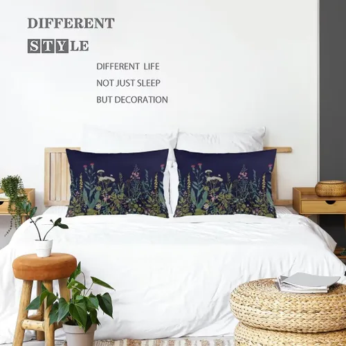 Vista 2 de Juego de 2 fundas de almohada florales de tamaño Queen, color verde salvia, plantas de flores silvestres, hierbas florales vintage y botánicas
