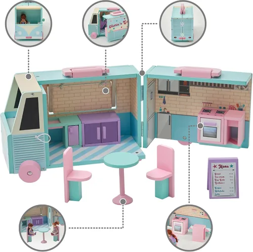 Vista 6 de Olivia's Little World Casa de muñecas de camión de comida de madera + accesorios para muñecas de 3.5", multicolor Accesorios incluidos