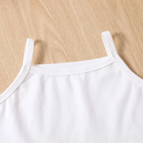 Vista 5 de Conjunto de 2 piezas de ropa de verano para niños y niñas pequeñas, con hombros descubiertos, con volantes, pantalones cortos de mezclilla rasgados