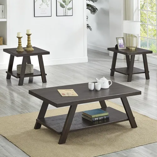 Vista 13 de Roundhill Furniture Atenas Juego de mesa de café de 3 piezas de estante de madera contemporánea, negro