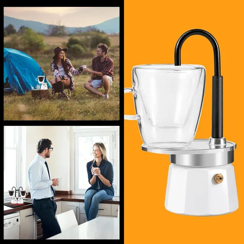 Vista 7 de Mini Express Swiss Single Tube Moka Pot Aluminio Marfil Blanco, El juego Moka incluye una taza de doble pared de 3 onzas, disfruta de un delicioso