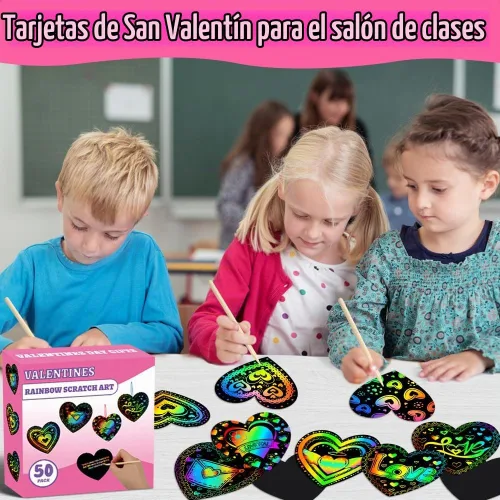 Vista 4 de MDCGFOD Paquete de 50 regalos para el día de San Valentín para niños, cuna de corazón para arañar arco iris, manualidades de San Valentín para 50