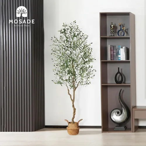 Vista 9 de MOSADE Árbol de olivo artificial de 7 pies de planta de seda de olivo artificial y canasta de hierba marina hecha a mano, árbol de seda topiario