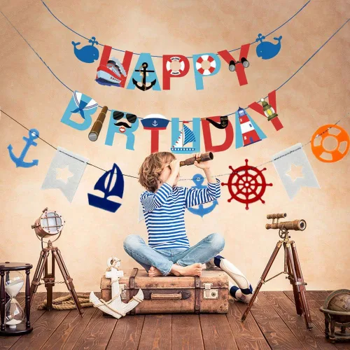 Vista 2 de 77 piezas de suministros náuticos para fiestas: pancarta náutica de feliz cumpleaños, banderines, 30 globos de látex (rojo, azul, blanco), 24