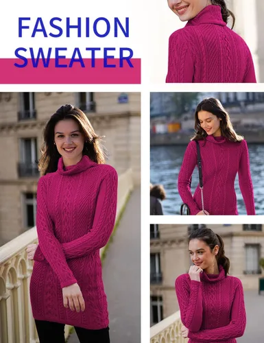 Vista 5 de v28 - Suéter de punto trenzado, cuello alto, tipo vestido, estilo bodycon, de ajuste entallado para mujer