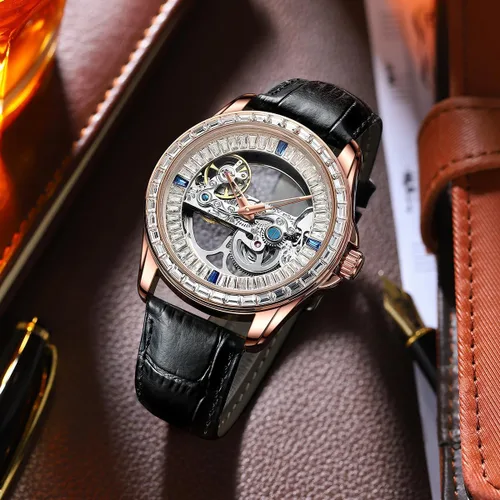 Vista 2 de B BINGER Men's Automatic Watch Unisex Skeleton Mechanical Neutral Rock Crystal Wristwatch