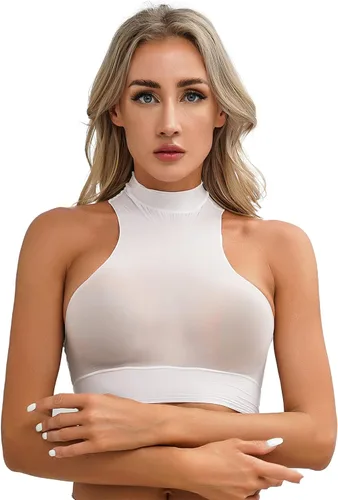 Vista 5 de Mujeres atractivas ver a través de Crop Top Sheer Mock Neck Bra sin mangas apretado Cami chaleco ropa de dormir