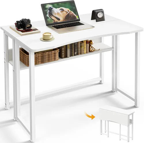 Vista 12 de Huuger Escritorio Plegable con Estante de Almacenamiento, Mesa de Computadora Plegable de 31.5 Pulgadas para Espacios Pequeños, Mesa de Sofá que