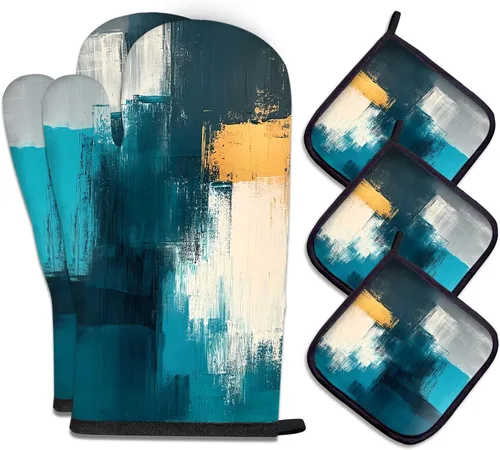 Vista 20 de MCALK Juego de 5 manoplas de horno y soportes para ollas, guantes abstractos para horno y almohadillas calientes para cocina de cocina, manoplas