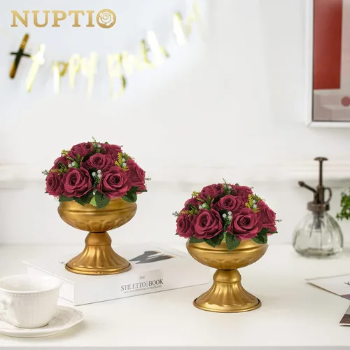 Vista 4 de NUPTIO Arreglo de Bolas de Flores en Ramo - 2 Piezas de 9.5 Pulgadas de Diámetro Bolas de Flores Falsas Carmesí Rosas para Centros de Mesa Mesas