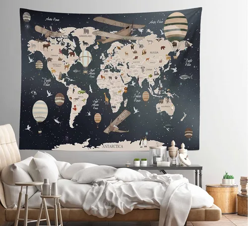 Vista 4 de BELECO Tapiz de mapa del mundo para colgar en la pared, diseño de animales de dibujos animados, 60 x 40 pulgadas, diseño vintage de aviones