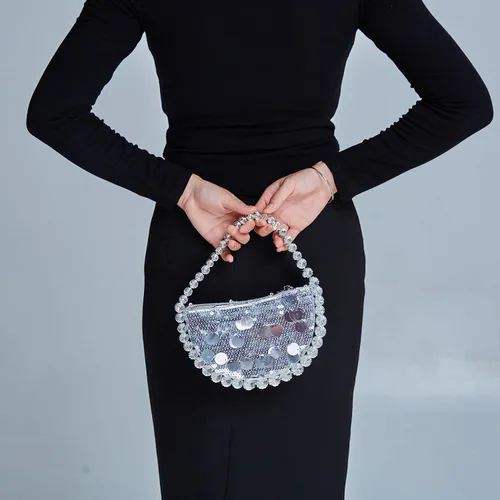 Vista 6 de Uhawi Bolso de mano con diamantes de imitación para mujer, bolso de noche con purpurina brillante, hecho a mano, fiesta, boda, plateado