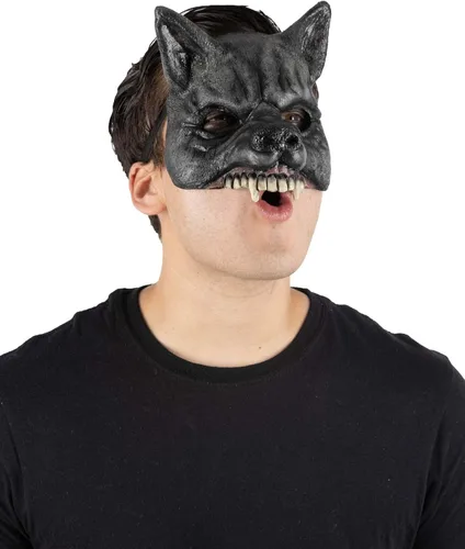 Vista 6 de Ghoulish Productions Máscara de media máscara de lobo negro. Máscara de látex de lobo furioso. Máscara de látex de talla única para adultos. Línea