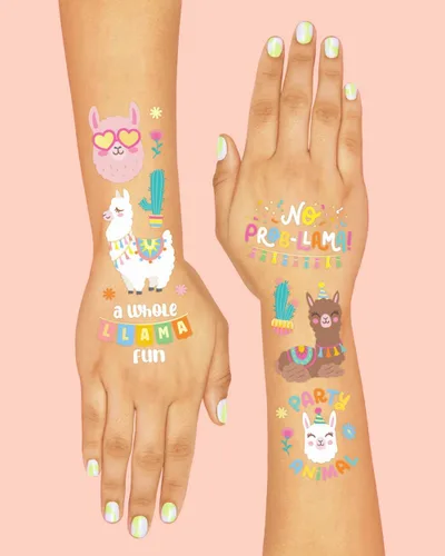Vista 4 de xo, Fetti Tatuajes temporales de llama – 46 diseños metálicos Decoraciones de fiesta de cumpleaños de animales, recuerdos de fiesta del desierto