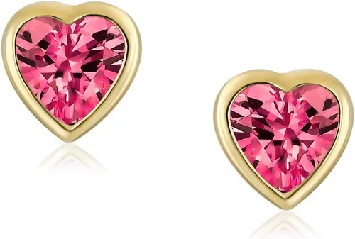 Vista 2 de Aretes de tuerca con forma de corazón de oro real de 14 quilates con circonita AAA, para mujeres, adolescentes, tornillos seguros en la parte