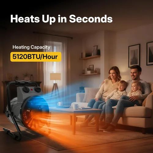 Vista 3 de NORTHSKY Calentador eléctrico de garaje de 1500 W con ángulo ajustable de 90°, termostato, calentamiento rápido, protección contra