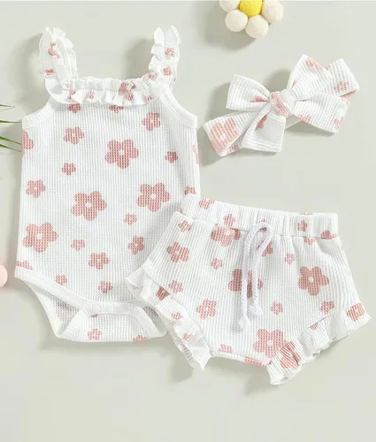 Vista 8 de Conjunto de ropa de verano para bebé recién nacida, conjunto de ropa de verano con estampado floral, mameluco con cordón y diadema corta