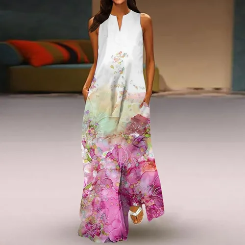 Vista 2 de Vestidos largos de verano para mujer, con cuello en V, sin mangas, con estampado de color, sin mangas, para verano
