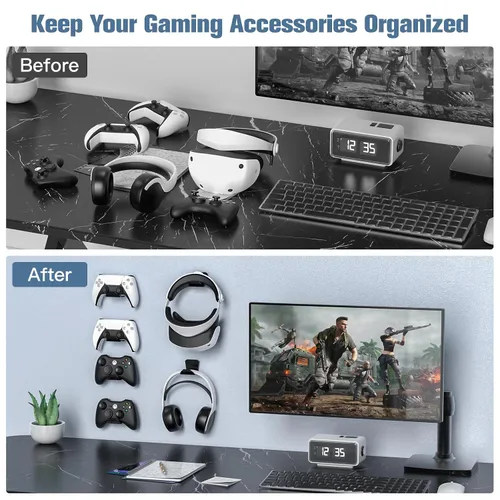 Vista 5 de KUNSLUCK 6 Pack Controller Wall Mount Universal Game Controller Holder for PS5, Xbox, Switch Adhesive or Screw Installation Headset & Controller
