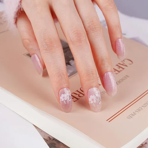 Vista 27 de DANNI & TONI Tiras de uñas de gel semicuradas, color rosa champán, ojos de gato, 28 calcomanías de regalo para mujer Aqua Ripple