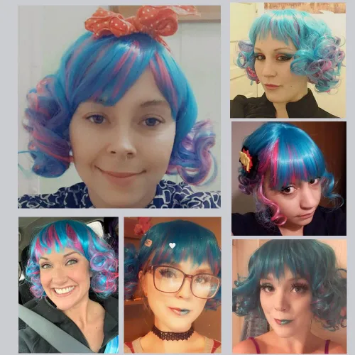 Vista 2 de KiyaCos Peluca de cosplay, corta, rizada, colorida, arcoíris, cosplay, fiesta de Halloween, disfraz de princesa, pelo para mujer