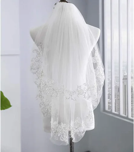 Vista 5 de Yovic 2 niveles novia velo de novia encaje blanco nupcial tul accesorios para el pelo corto cintura joyería para mujeres 52