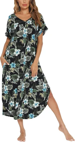 Vista 17 de AVIIER - Camisones de algodón para mujer, ropa de dormir suave con bolsillos, tallas S a XXL Negro Floewer 4