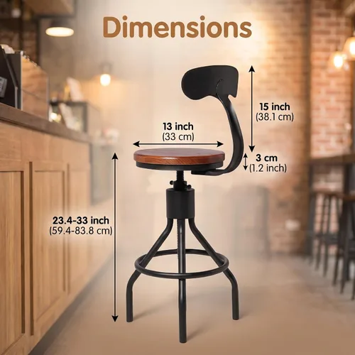 Vista 3 de Juego de 2 taburetes de bar industriales con respaldo de 23 a 33 pulgadas, asiento giratorio de madera, isla de cocina, comedor, taburete de Negro