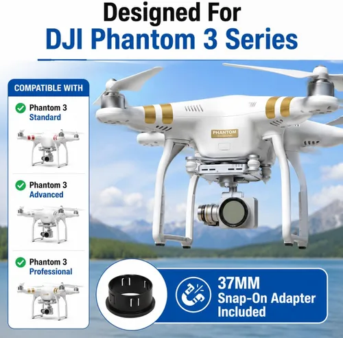 Vista 3 de Kit de filtro de 1.457 in para drones DJI Phantom serie 3. El kit incluye: CPL, ND4, ND8, UV, tapa de lente, protector de tapa + paño de microfibra