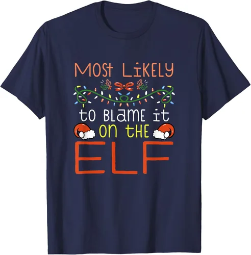 Vista 24 de Camiseta de Navidad familiar a juego con la frase "Most Likely To Blame It On The Elf" Negro