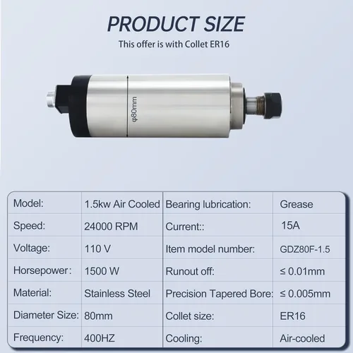 Vista 2 de RATTMMOTOR Motor de husillo CNC de 1500 W 3.150 in de diámetro 1.5KW 110V Motor de husillo refrigerado por aire ER16 Collet 15A 400HZ 24000RPM