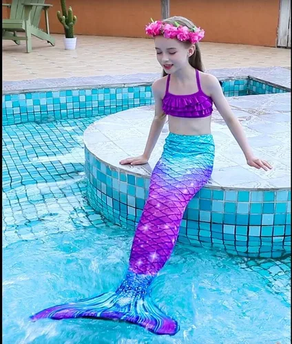 Vista 4 de Traje de baño de cola de sirena con monoaleta para niñas, conjunto de bikini