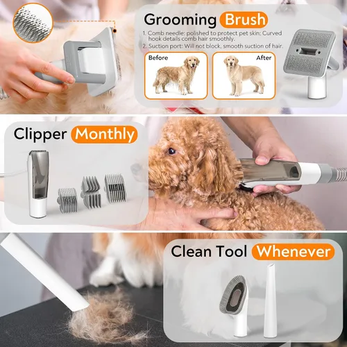 Vista 2 de Aspiradora de aseo para mascotas para perros y gatos, succión fuerte de 12 kPa, ≤ 50 dB silenciosa, taza de polvo de 2 litros, kit de aseo 5 en 1