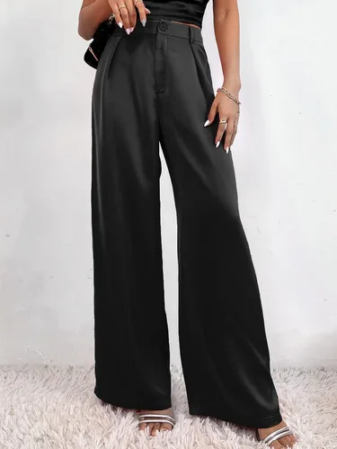 Vista 6 de SweatyRocks Pantalones largos plisados de satén de cintura alta para mujer, pantalones largos casuales para el trabajo y la oficina