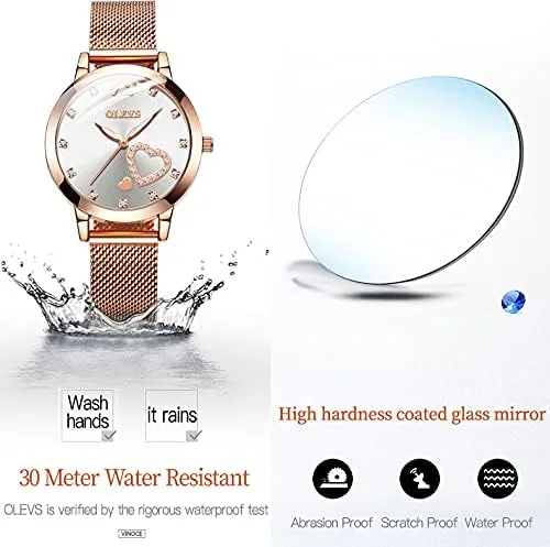 Vista 4 de OLEVS Relojes de pulsera clásicos de oro rosa para mujer, juego de regalos con pulsera con forma de corazón de diamante, reloj analógico de cuarzo