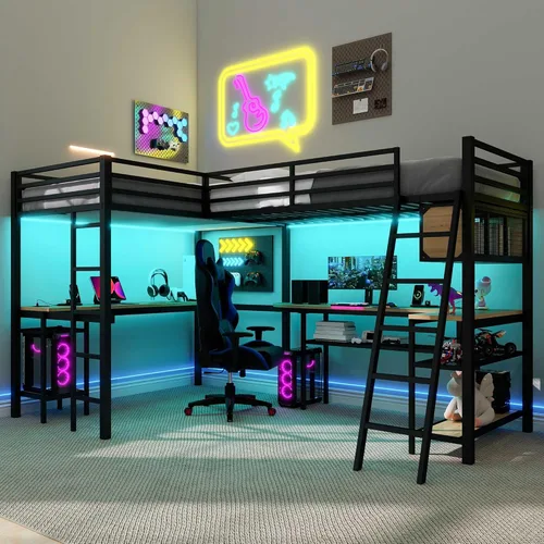 Vista 28 de Cama tipo loft en forma de L tamaño matrimonial e individual con 2 escritorios, tablero de clavijas y cajones de almacenamiento, marco de cama