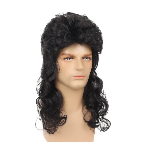 Vista 3 de Dai Cloud Pelucas de salmonete para hombres, peluca larga y rizada negra de los años 80, disfraz de fiesta de Halloween, peluca de pelo para hombre