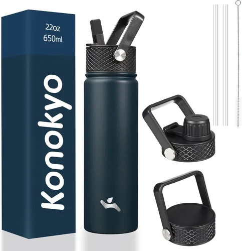 Vista 18 de Konokyo - Botella de agua aislada de 18 onzas, botellas deportivas de acero inoxidable con 3 tapas, verde militar