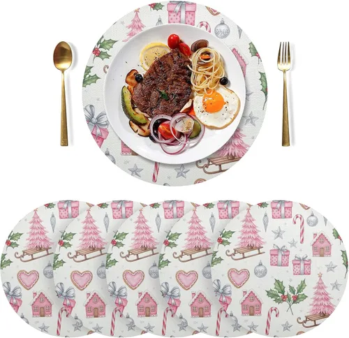 Vista 3 de Pink Christmas Trees Table Placemats, Non Slip Washable Placemats Dining for Kitchen Table one sizex1