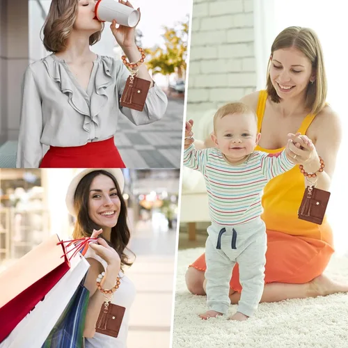 Vista 6 de KNGITRYI Cartera llavero pulsera para mujer, delgado RFID tarjeta de crédito, monedero, borla llavero brazalete para hombres y mujeres, Marrón, Rfid