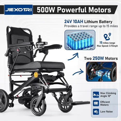 Vista 2 de Sillas de ruedas eléctricas ligeras para adultos, plegables, solo 35 libras, 500 W, motores duales, sillas de ruedas motorizadas para personas Negro