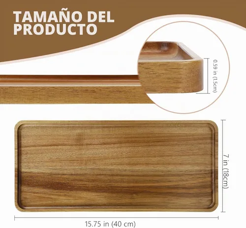 Vista 2 de 1 pieza 15.7" x 7" Bandeja grande de madera maciza de acacia sólida rectangular Bandeja de servir de madera natural para bar, café, fiesta