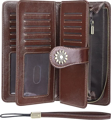 Vista 3 de Lavemi - Cartera de piel con bloqueo RFID para mujer, de gran capacidad, para llevarla a la muñeca